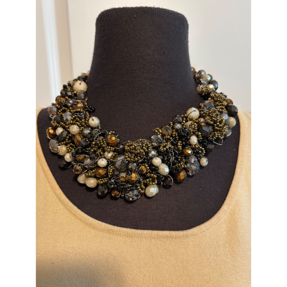ALDO Y2K Champagne Beaded Statement Bib Necklace Chunky Cluster Bronze Black VTG
